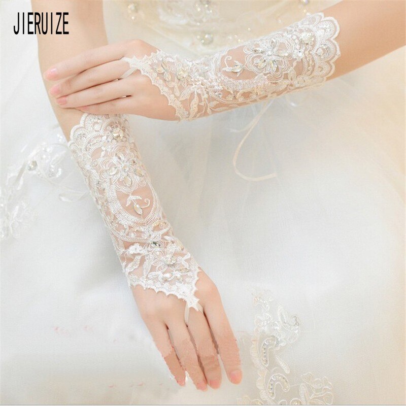 JIERUIZE-guantes de novia sin dedos, guante corto con Apliques de encaje transparente para boda, cristal con cinta, accesorios nupciales
