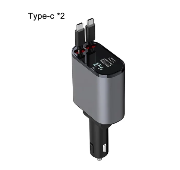 2024 Intrekbare autolader 4in1 Snelle autotelefoonoplader 100 W Intrekbare kabels 2 USB-poorten Autolader voor alle smartphones: Bruin