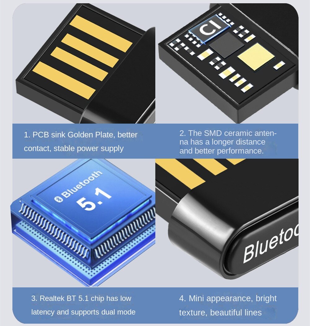 USB Bluetooth Adapter 5.1 Computer Bluetooth Transmitter Driver-free Bluetooth Audio Receiver for Headset mouse keyboard