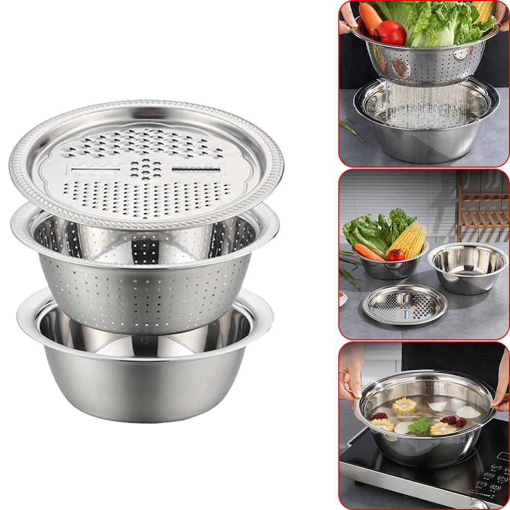 3pcs stainless steel pot vegetable cutter slicer drain basket sieve Kitchen Tool grater strainer Rice Washing Filter