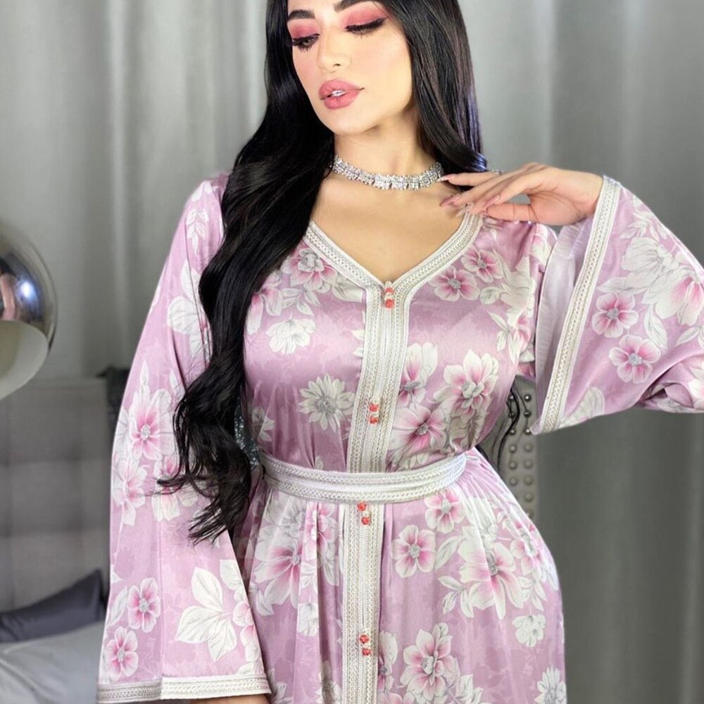 AB038 Lange Jurk Roze Abaya Soiree Moslim Islamitische Kleding Voor Vrouwen Om Bid Wereld Kleding Winkel Turkse Mooie Print Bloem