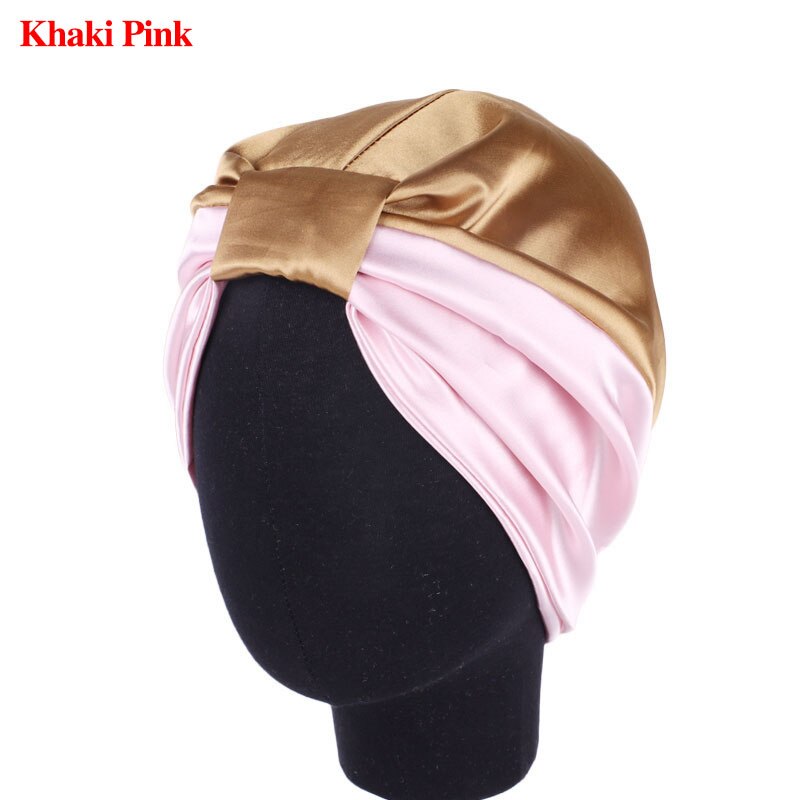 Silk hair care cap Salon Bonnet Night Hair Hat For Natural Curly Hair Double-layer Elastic Bath Sleep Women Head Cover Wrap Hat: khaki pink