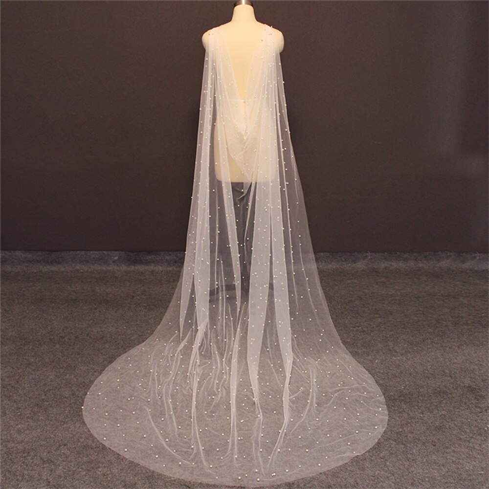 Lady Pearl Beaded Long Shawl Wedding Bridal Shoulder Tulle Women Romantic Illusion Cape