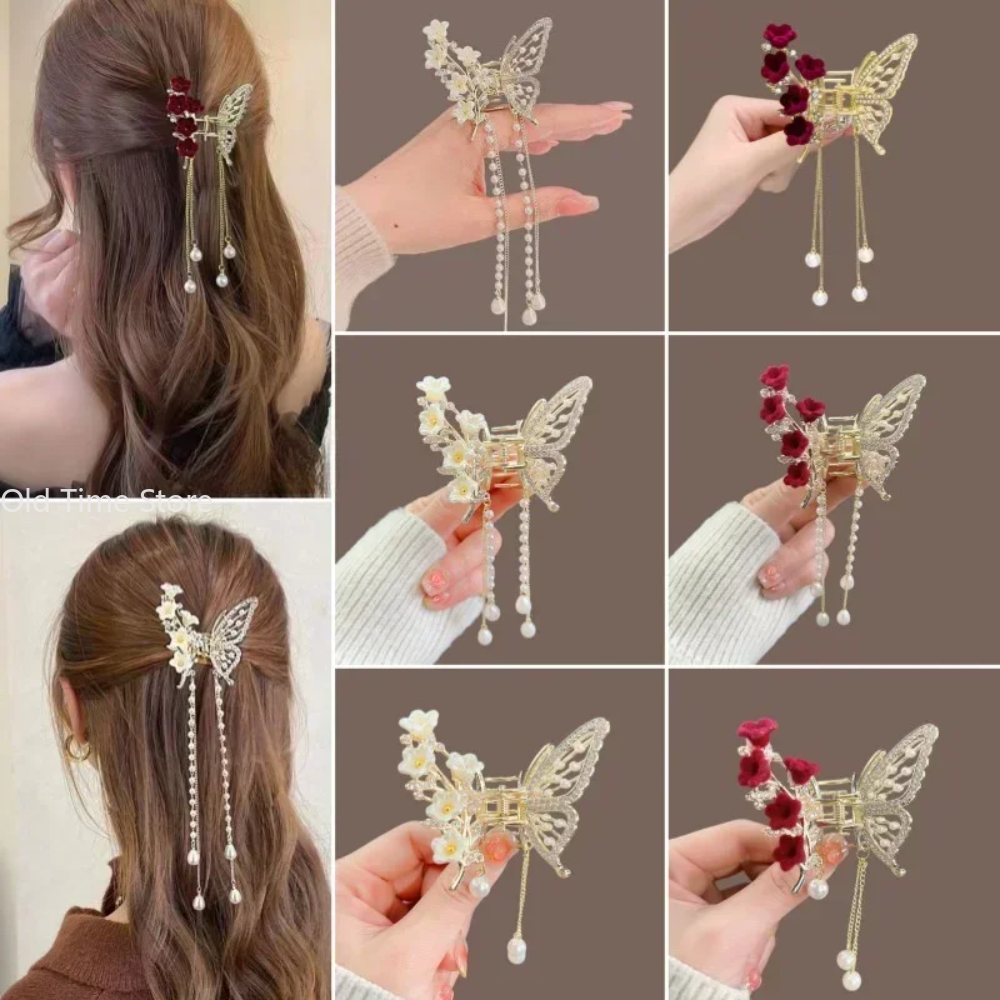 Pinza para el pelo con borlas de mariposa y perlas, horquilla para Festival de flores rojas para niñas, pinzas para el pelo con cola de caballo, accesorios de para mujeres y cangrejos,