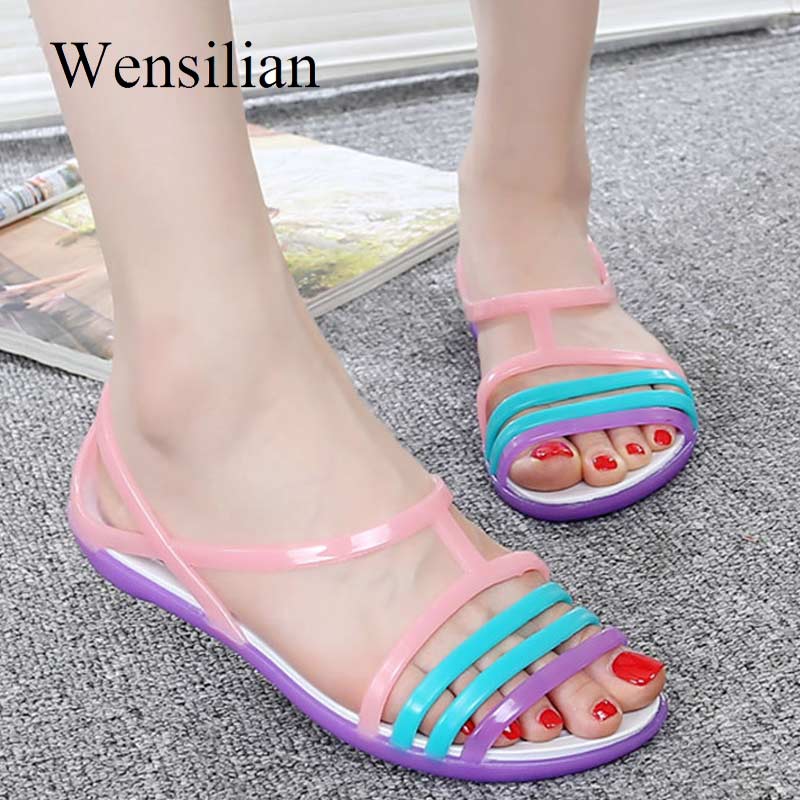 Women Sandals Flat Casual Jelly Shoes Sandalia Feminina Beach Candy Color Slides Ladies Flip Flops Slippers Sandalias Mujer: purple / 5