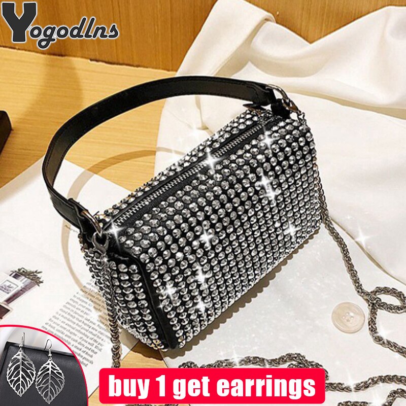 Bolso de hombro cruzado con diamantes para mujer, Bolso pequeño de mano, de , Retro, para almohada, de piel sintética brillante, para