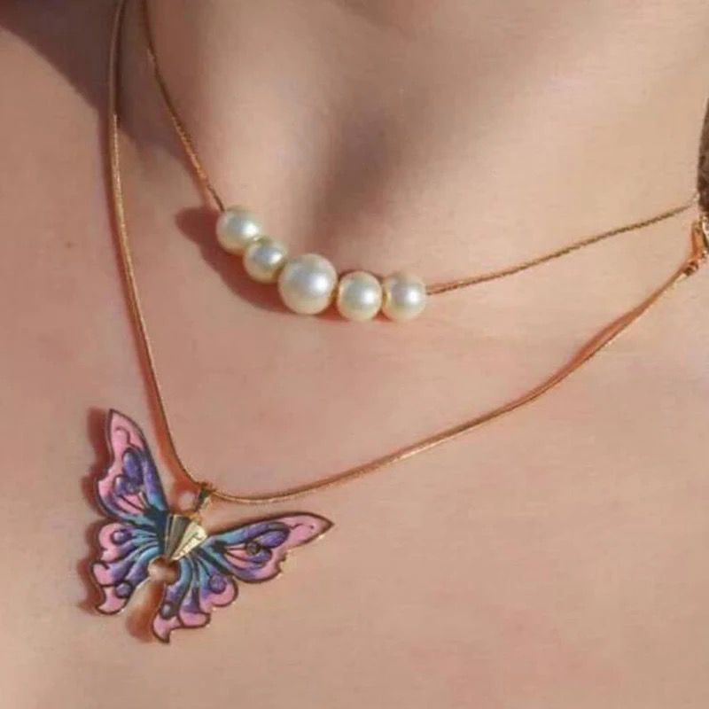 Collar bohemio con colgante de mariposa para mujer, Color dorado, Retro, Simple, perla de imitación, collares para clavícula, de joyería para pareja y chica: Rojo-marrón