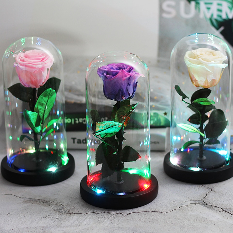 Skønheden og udyret evig rød rose i en glaskuppel med led lys sort base til valentins mors dag