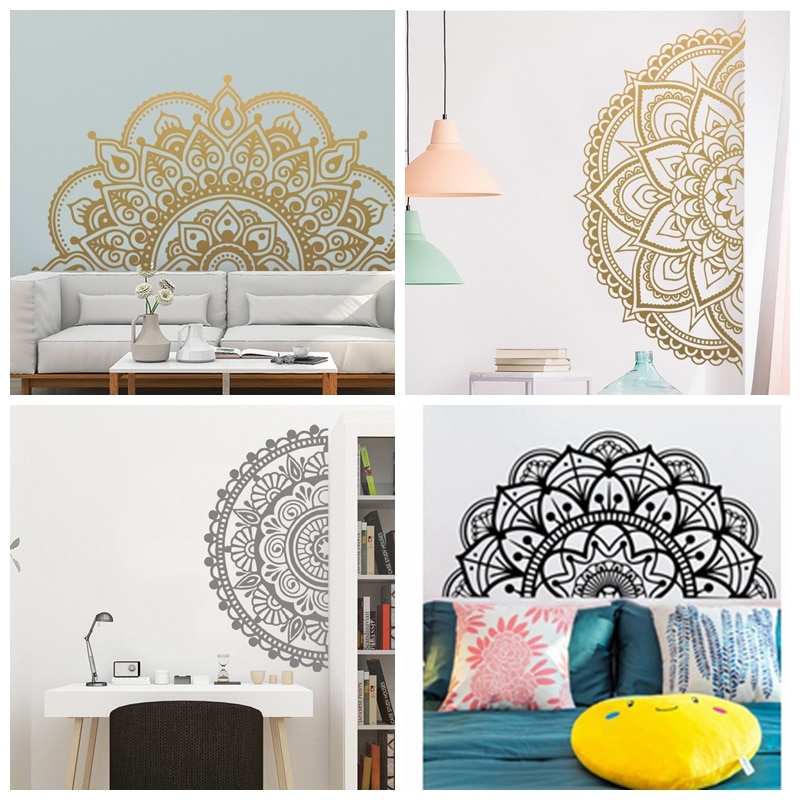 Demi Mandala autocollant Mural pour maison tête de lit pour méditation Yoga amovible vinyle autocollant Art Mural salon chambre murale