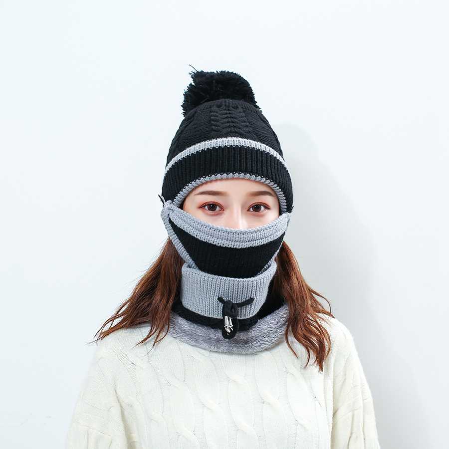 Vinter stickad ull varm mössa kepsar halskrage tre st set motordrivare vindtät #39 mössa halsduk mask set för kvinnor: Svart