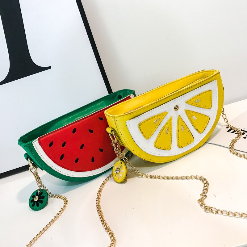 Damenhandtasche aus pu-leder, niedliche umhängetasche mit fruchtmotiv und kette, orangefarbene wassermelonen-tasche