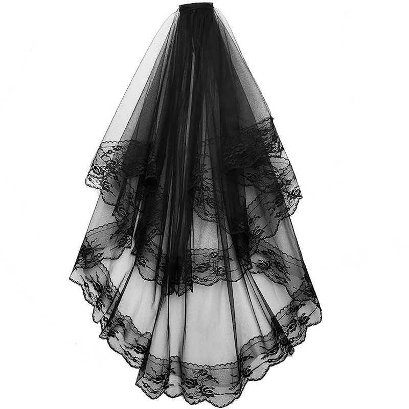 Zwart Wit Kant Bridal Veils Met Kam Korte Twee Layer Elegante Vintage Wedding Veils Voor Bruid Cosplay Kostuum Haaraccessoires