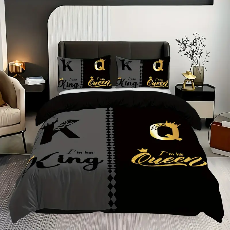 Juego de cama de con estampado king size y queen, color negro y gris, 1 funda nórdica + 2 fundas de almohada, para el hogar y el dormitorio, 3 uds.