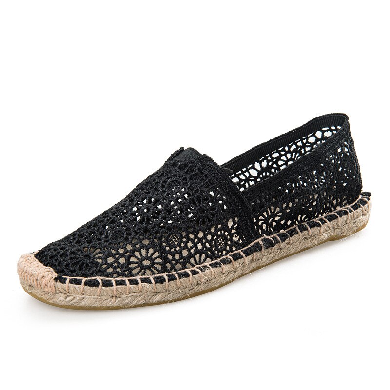 Kvinder lejligheder espadriller blonder halm fisker sko sommer hult hul fritidssko stor størrelse dame hamp reb sandal sko: Sort / 5