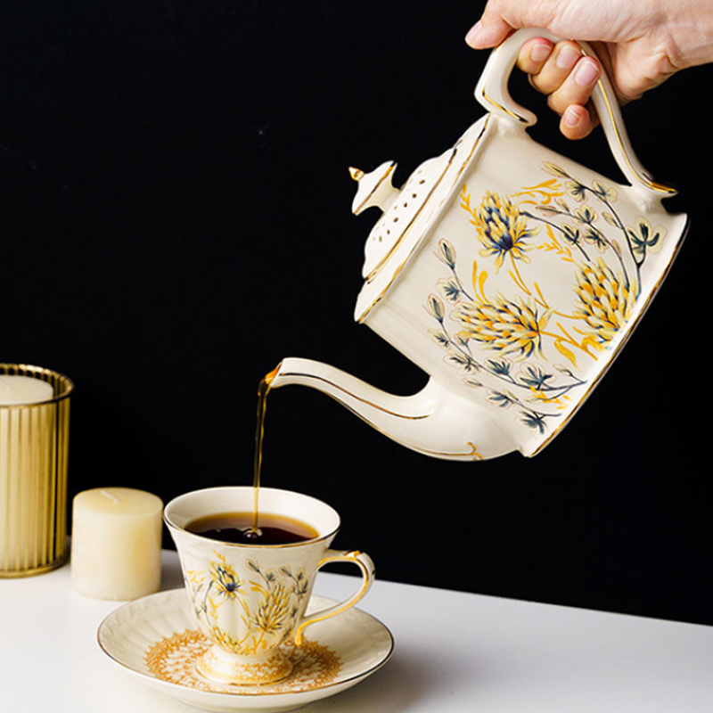 French Ceramic Coffee Cup and Saucers Sets Teapot Palace Tea Cups Hand Drawn Wheat Ears Porcelain Coffee Mugs Drinkware Tool