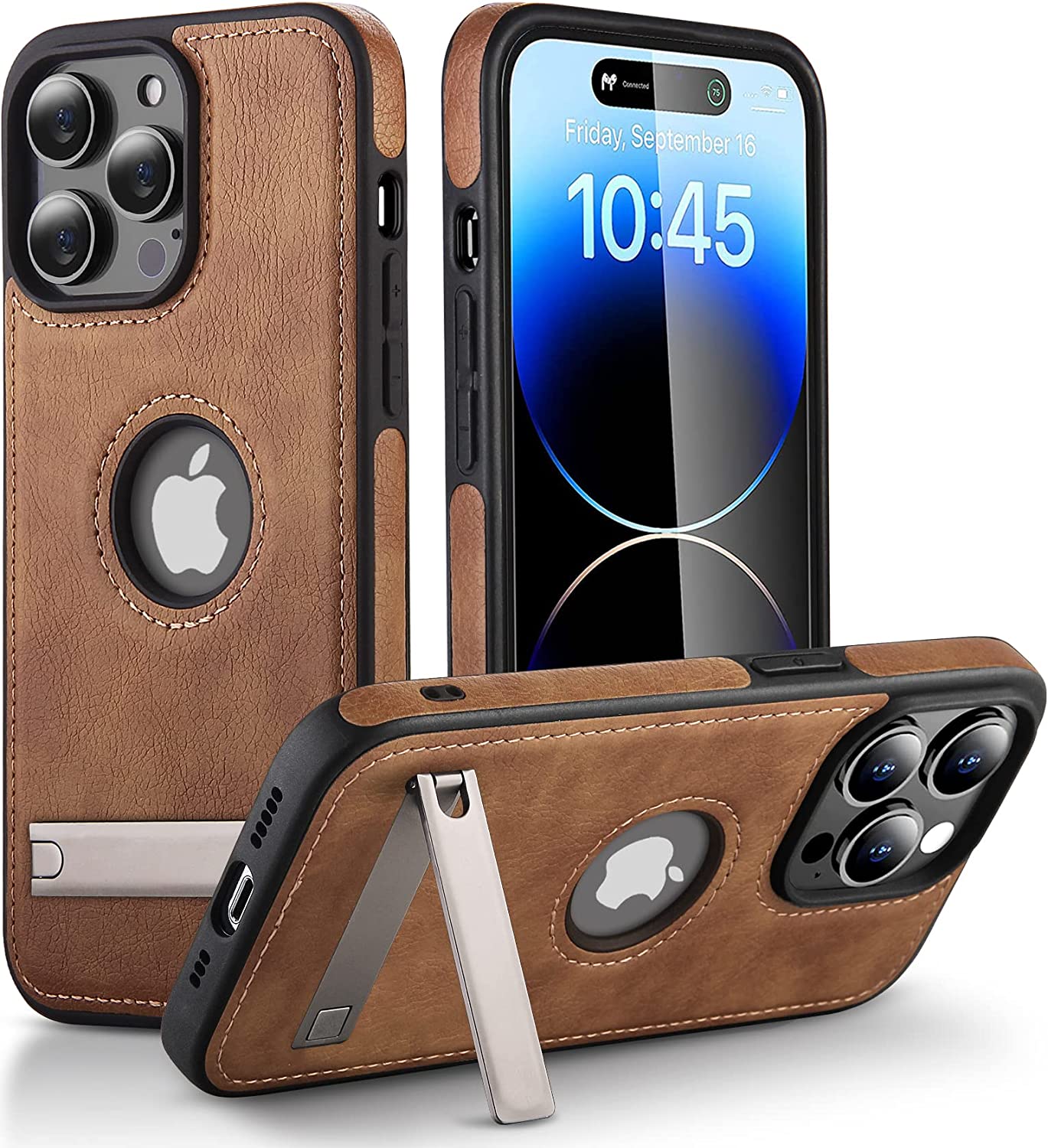 Funda de teléfono de cuero para iPhone, 15, 14 Pro Max Plus, 13, 12, 11, con soporte de Metal delgado, agarre suave, cubierta trasera de lujo: Cuero artificial