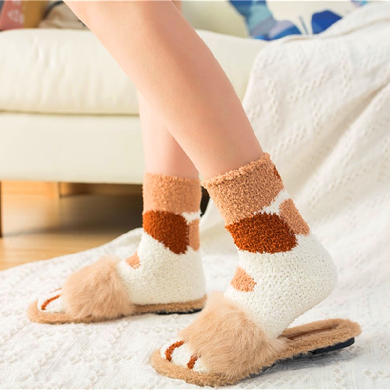 Calcetines de lana de Coral para mujer, medias de tubo Kawaii, con garras de gato, gruesos y cálidos para dormir, para otoño e invierno, 1 par, novedad