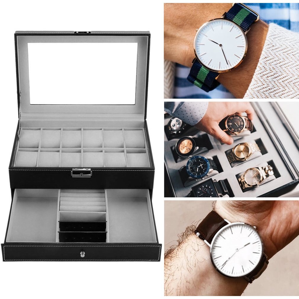 Horloge Sieraden Case Houder Zwart Bruin Kist Doos Professionele 12 Grids Slots Horloges Verpakking Opslag Pu Lederen Dubbele Lagen