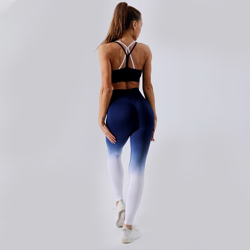 Ombre træningsdragt kvinder fitness træningsdragter gradient yoga sæt elastisk sport bh sømløse leggings gym sæt høj talje yoga bukser