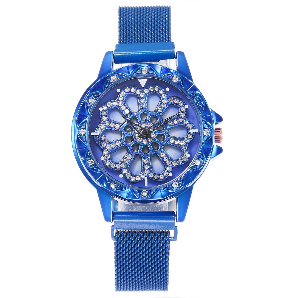 Horloge dames merk luxe 360 graden roterende diamant wijzerplaat horloges mesh magneet dameshorloge quartz klok relogio femino: Blauw