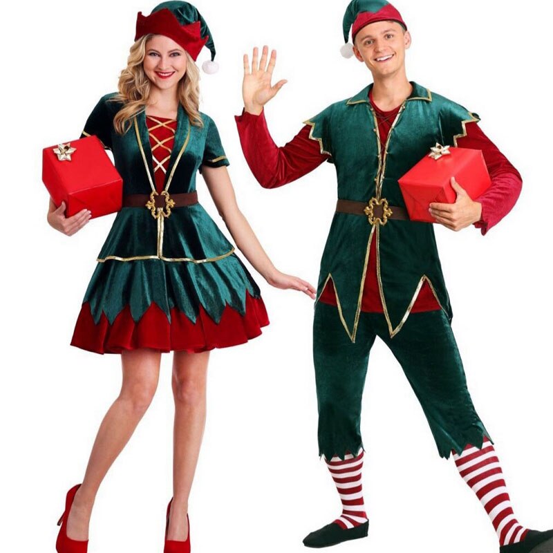 Adult Christmas Costume Green Xmas Elf Santa Claus Couple Cosplay Carnival Macot Party Men Women Couple Suit Christmas