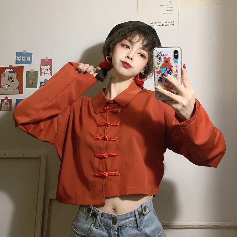 Estilo chino ropa mujer verano Cheongsam moderno Top Color sólido Vintage Harujuku blusa de estilo étnica y Top mujeres FF2905: 3