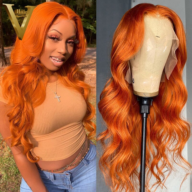 Gember Oranje Gekleurde Body Wave Synthetische Lace Front Pruiken Hoge Temperatuur Fiber Voor Zwarte Vrouwen Met Baby Haar Cosplay Pruik