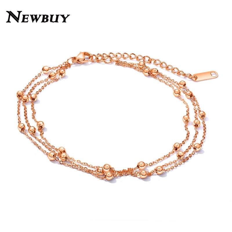 Newbuy Multilayer Rvs Enkelbanden Voor Vrouwen Zilver/Rose Goud Kleur Kralen Enkel Armbanden
