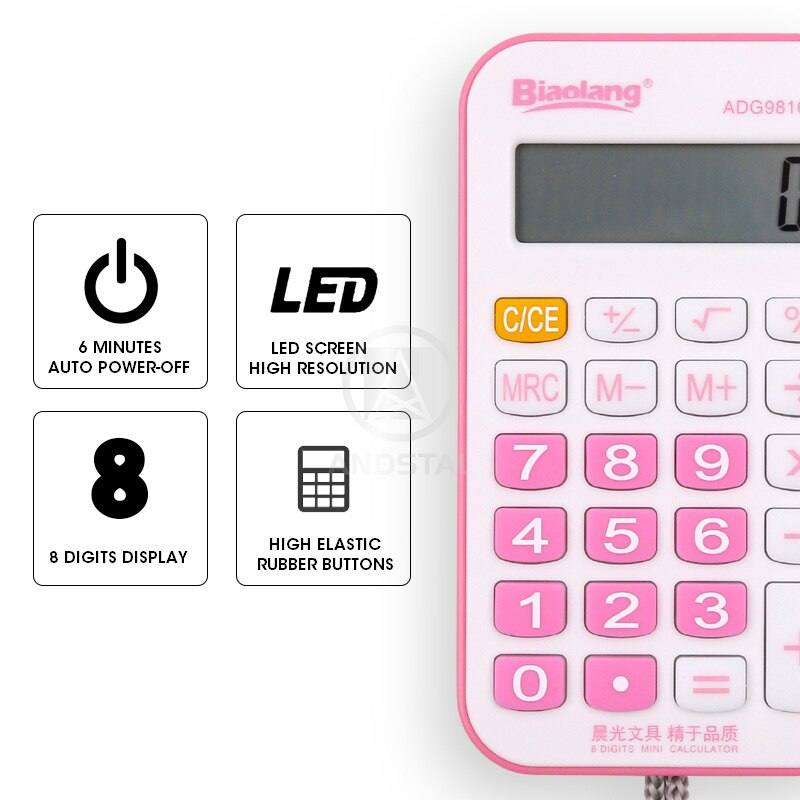 M&G Dual Power Mini Pocket Calculator Multifunction Cute Pink Solar Small Calculator Calculater School Student 8 digits Andstal