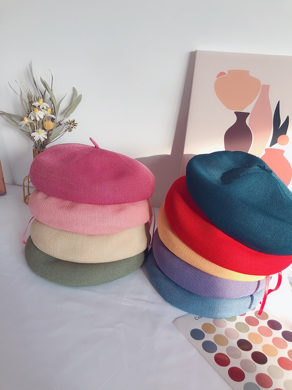 Simple light version 18-color women's beret hat spring and summer thin linen texture painter hat girl beanie hat