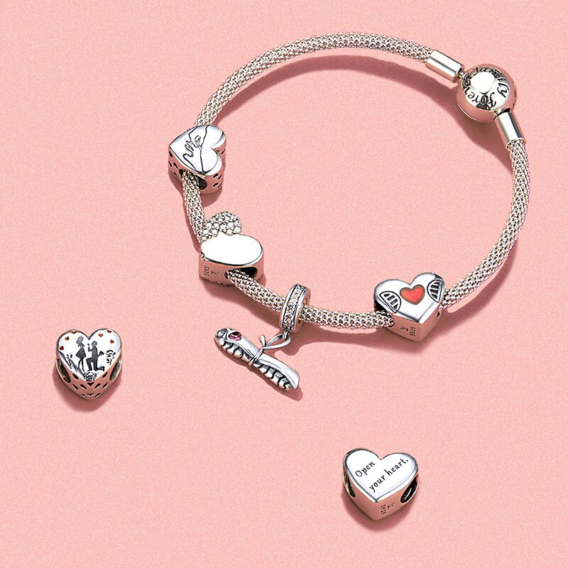 Bamoer 925 prata esterlina coração-forma contas de metal para mulheres jóias fazendo amante rosto charme para pulseira original scc1426