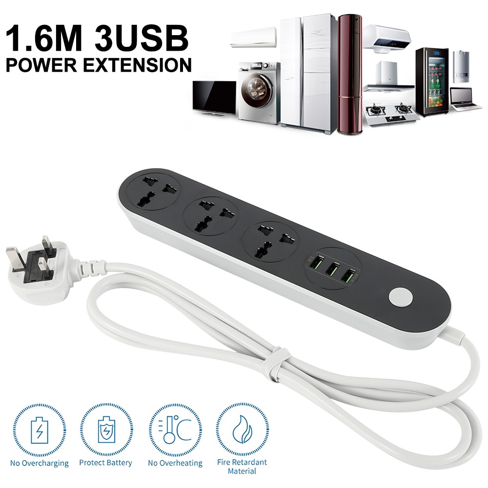 Universal International Power Extension Socket Lead Cord 1.6 Meter 3 USB