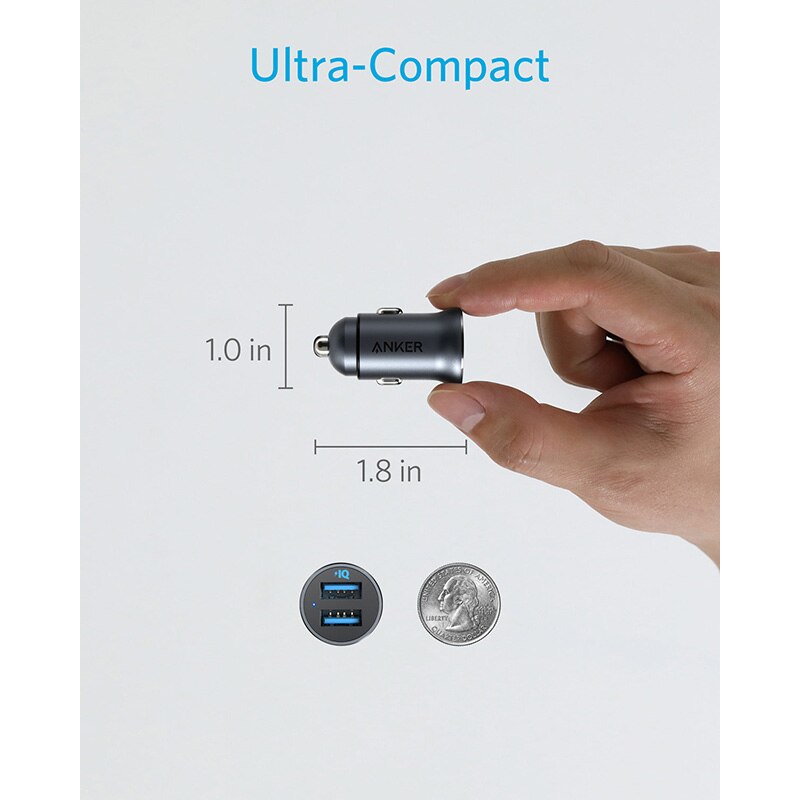 Anker Autolader, Mini 24W 4.8A Metalen Dual Usb Autolader, powerdrive 2 Legering Flush Fit Auto Adapter Met Blauwe Led