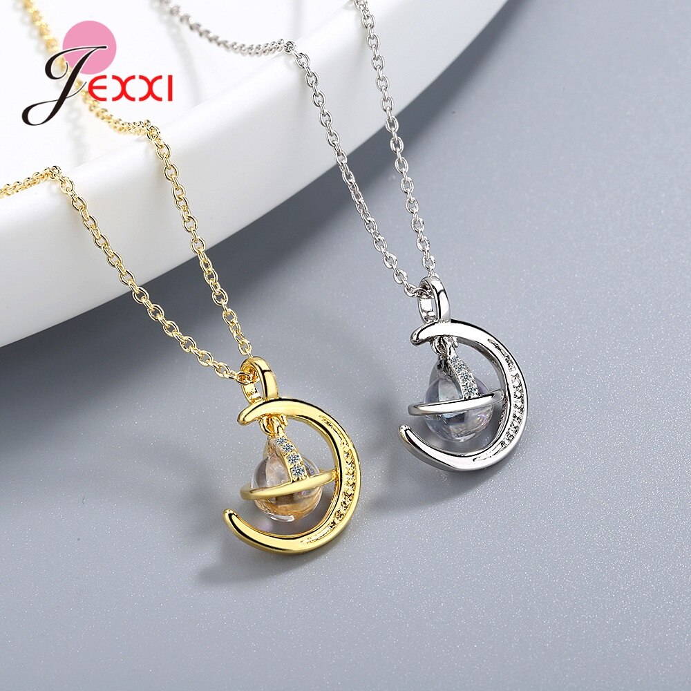 925 Sterling Silber Crescent Mond & Zirkon Planet Anhänger Halsketten für Frauen Zubehör S925 Kette Halsband