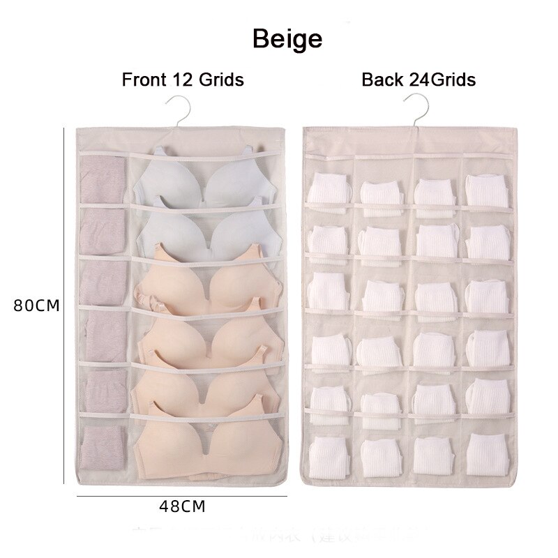 Dam underkläder strumpor hängväska dubbelsidig garderob garderob bh förvaringsväska oxford hem klädesplagg 15/24/30 fickor: Beige 36 galler