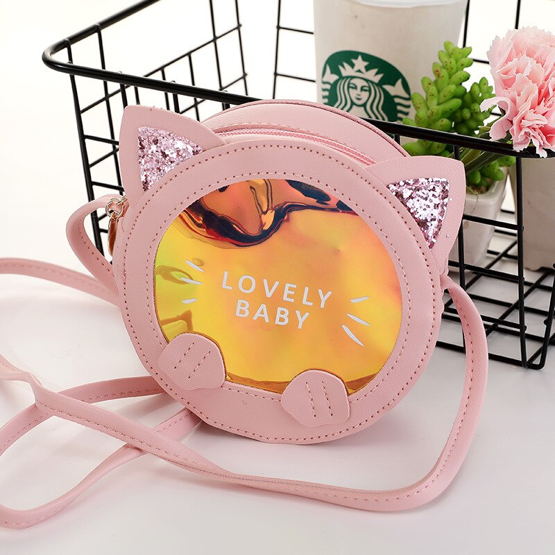 Korean Cute Kids Cat Crossbody Bag Cartoon Baby Girl Toddler Mini PU Messenger Bags Shoulder Bag: Pink cat