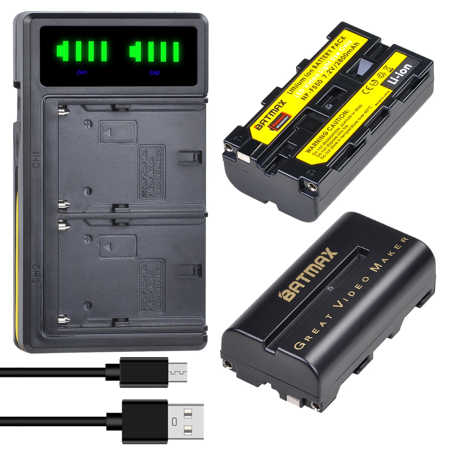 Batmax NP-F550 NP-F570 F550 Batterij + Led Usb Dual Charger Voor Yongnuo Godox Led Video Licht YN300 Ii YN300 Iii YN600 Air T119S: 2battery and charger