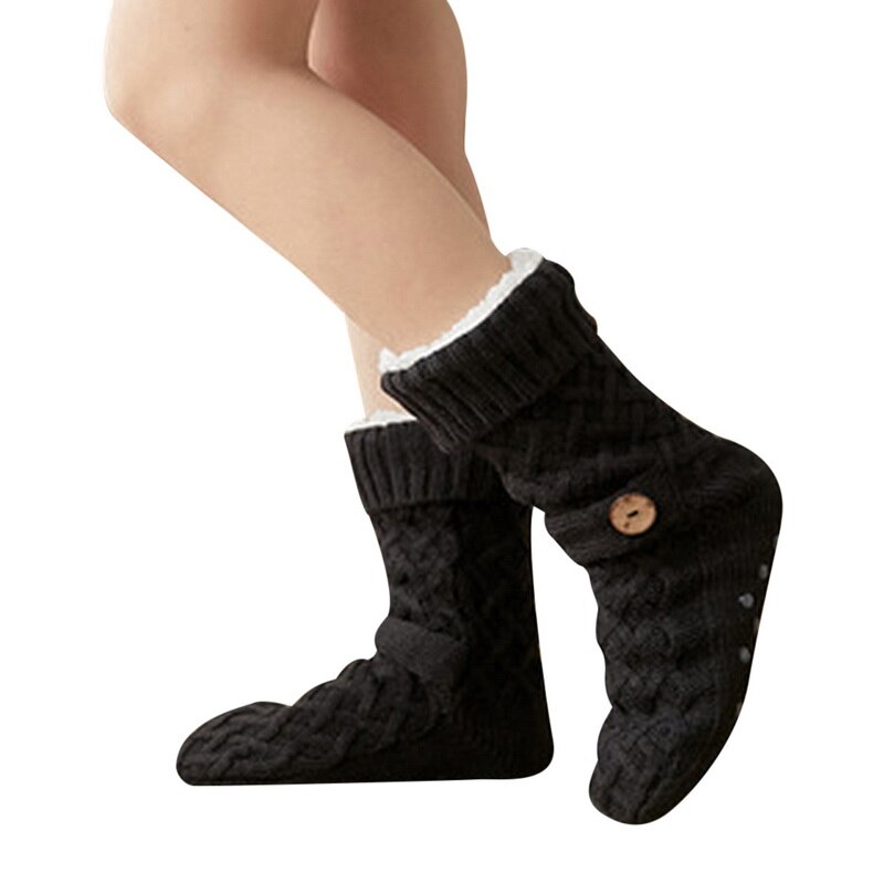 Hiver tricoté femmes chaussettes femmes impression de noël anti-dérapant moelleux corail polaire bouton Tube velours femme chaussettes: black