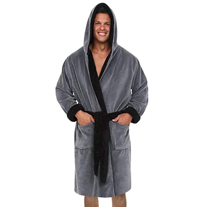 Feitong Mode 1Pcs Men'S Winter Polyester Verlengd Pluche Sjaal Badjas Home Kleding Lange Mouwen Effen Kleur Gewaad Jas: Gray / XL