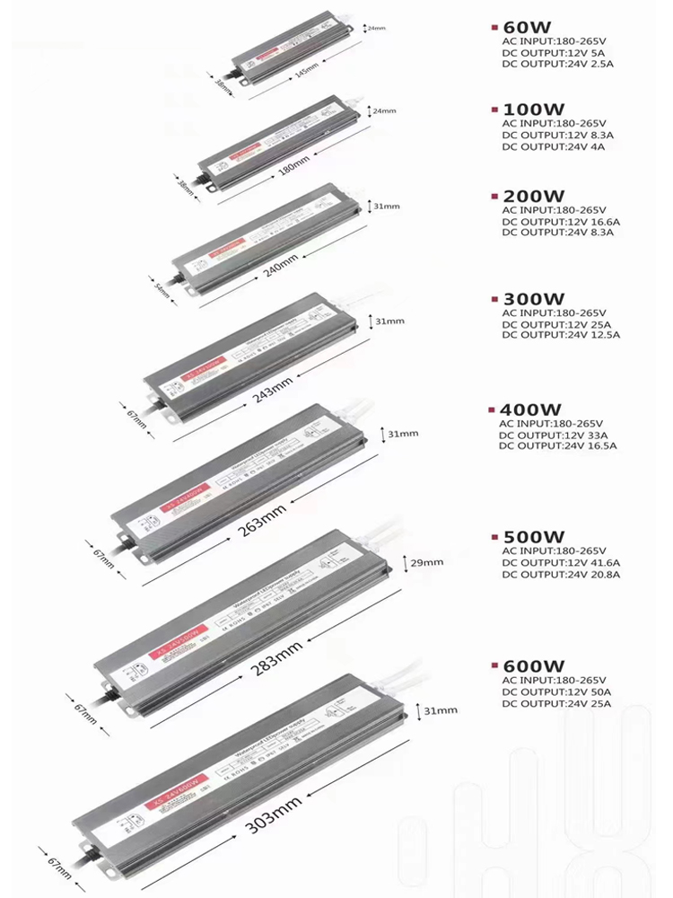 LED-Lampenbeleuchtungstransformatoren AC180-265V zu DC12V DC24V100W200W400W600W Wasserdichte IP67-Versorgungsbeleuchtung Aluminiumtransformatoren