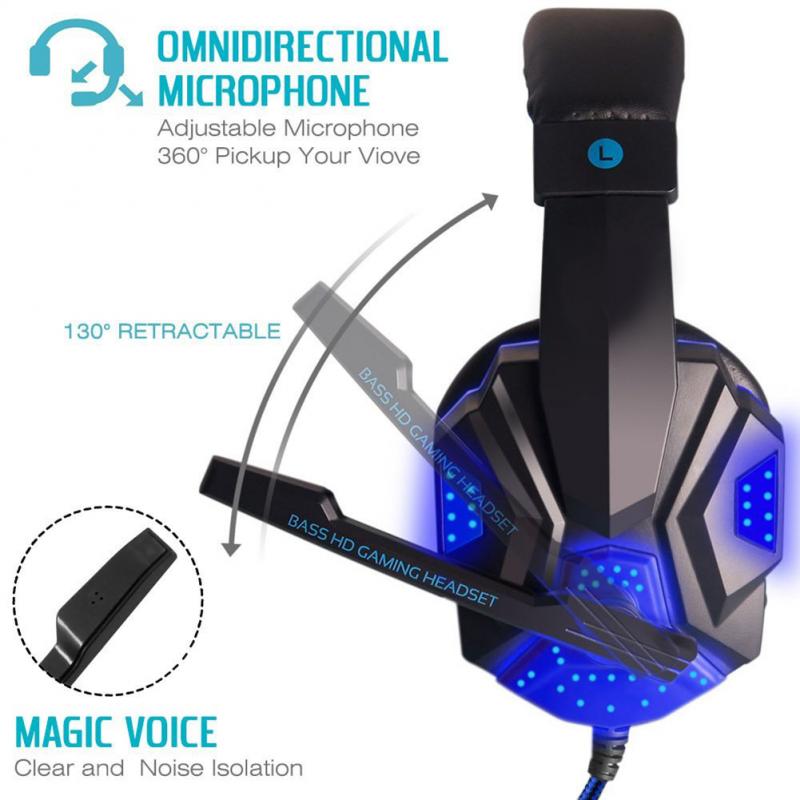 Gaming Headset With Mic LED Light For Laptop Computer 3.5mm Wired Volume Control Noise Reduction Gaming Headphone