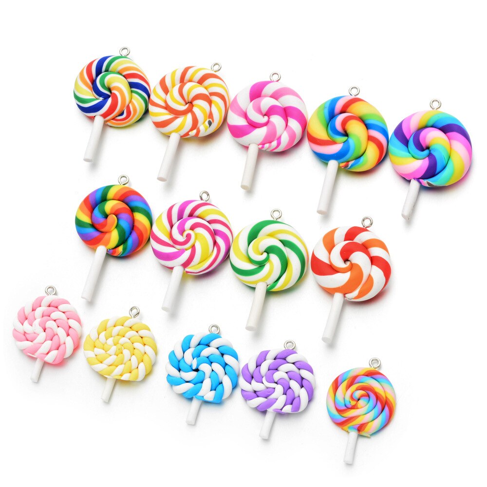10pcs Bellezza Kawaii Spirale Arcobaleno Argilla Polimerica Cabochons Della Caramella Gommosa Caramella del Lollipop Flatback Per La Decorazione Del Telefono di DIY Bracciali