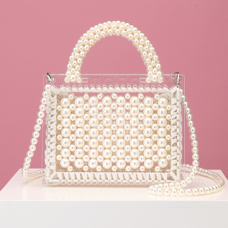 Luxury Acrylic Pearl Evening Clutch Bags Women Handmade Beaded Clear Purses And Handbags Ladies Woven Shoulder Bag Wedding Party: Model A Beige
