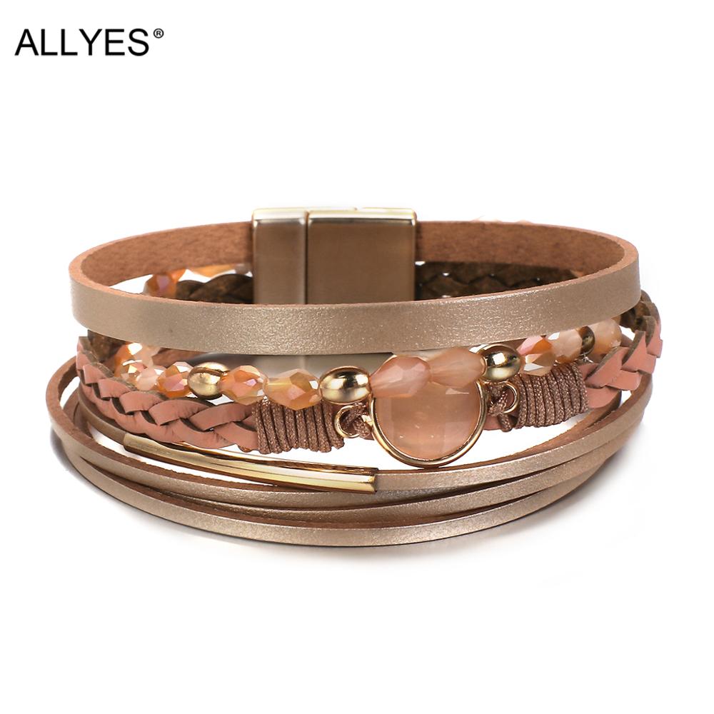 Allyes Kristal Kralen Charm Lederen Armband Voor Vrouwen Magnetische Sluiting Multilayer Bohemian Gevlochten Wrap Armbanden Sieraden