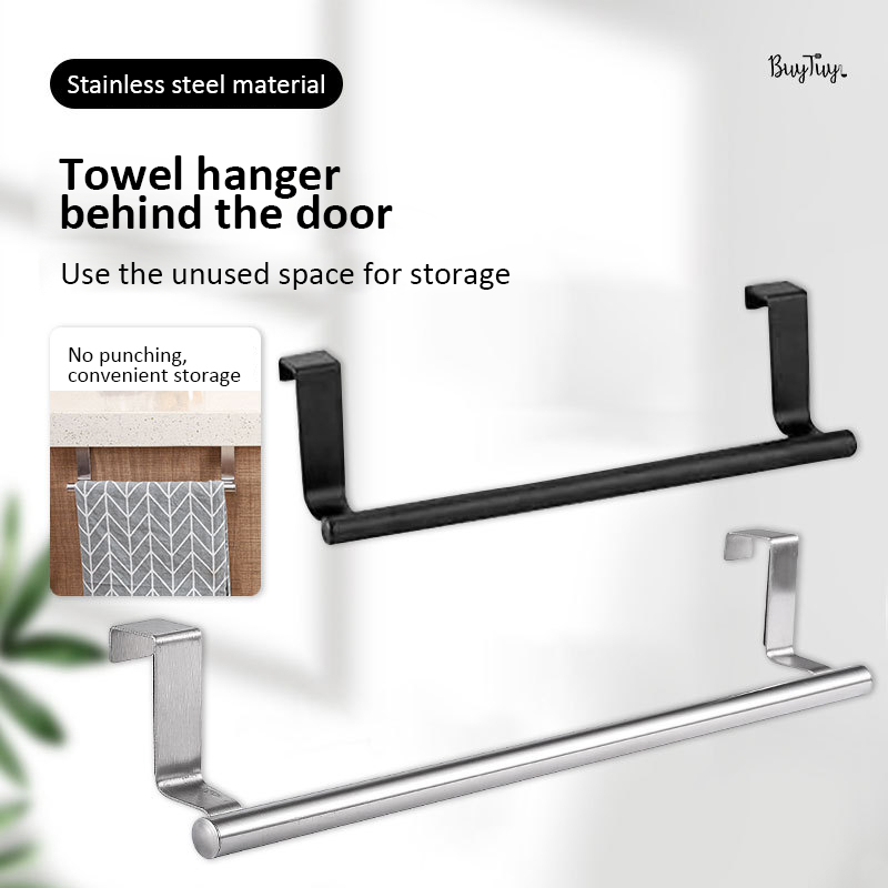 Over Door Stainless Steel Single-bar Towel Rack Bathroom Kitchen Non-perforated Towel Rail Rag Rack Shelf Hanger Hanger