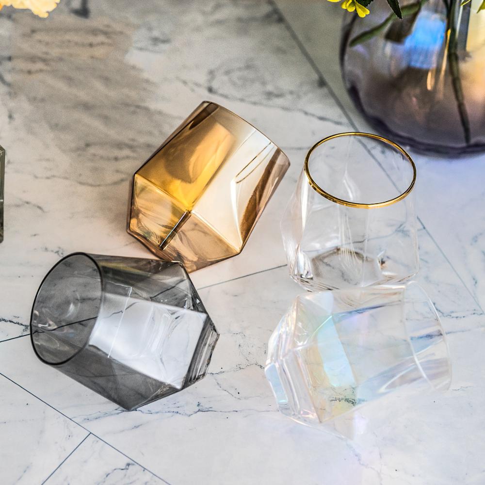 Geometri frostet whiskyglass diamant glass kopp gylden kant gjennomsiktig kaffe melk krus hjem bar farget drikkevarer par