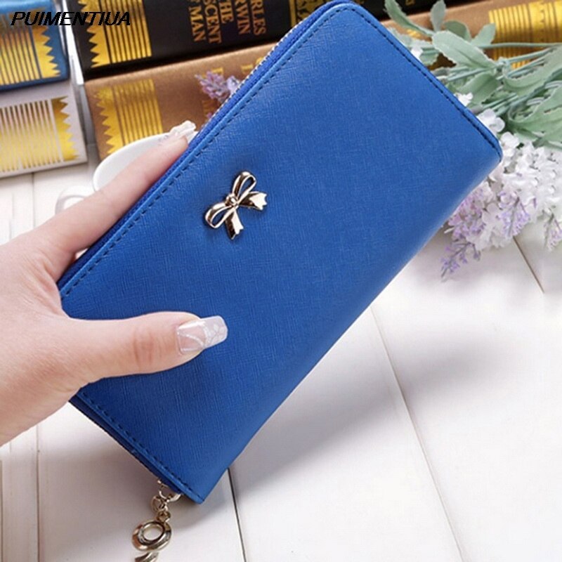 Puimentiua Kaarten Wallet Dames Leuke Strik Vrouwen Lange Portemonnee Pure Kleur Clutch Bag Pu Lederen Tas Telefoon Tas: navy