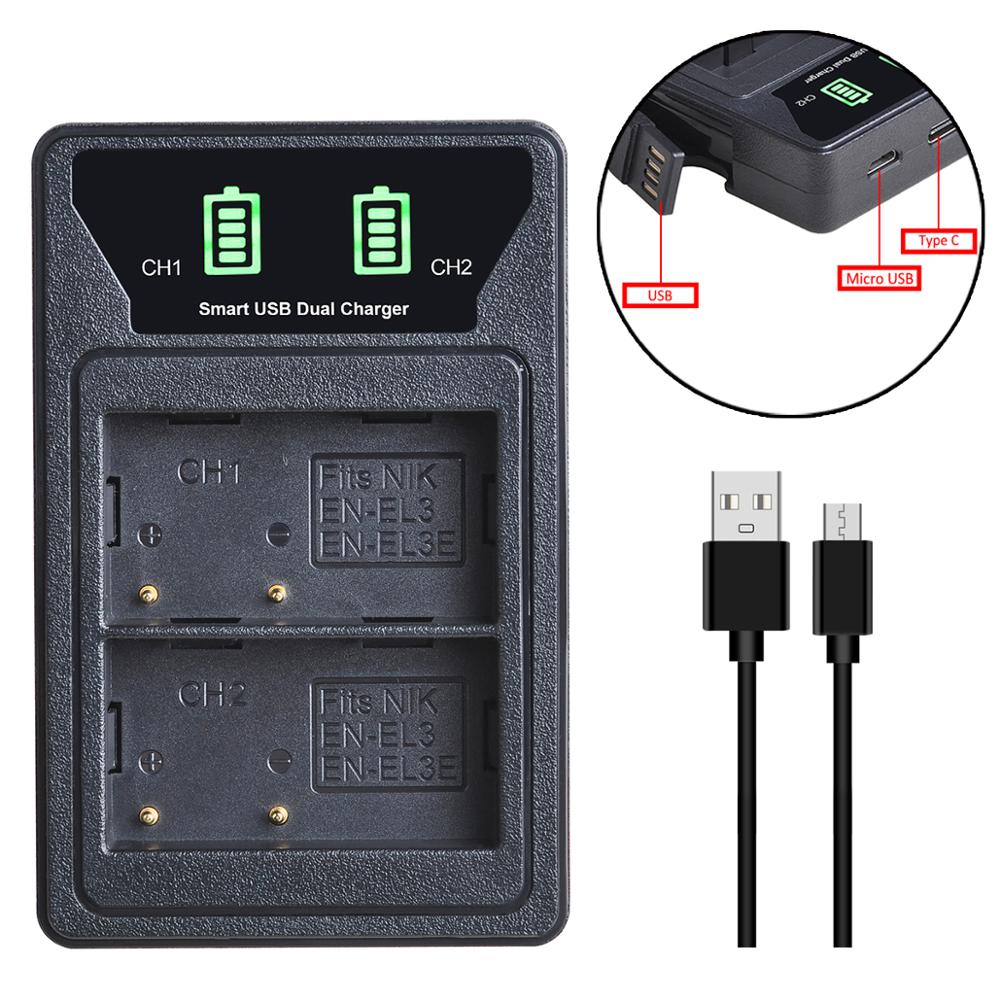 EN-EL3e EN-EL3 EL3e Battery + LED Built-in USB Dual Charger with Type C Port for Nikon D50 D70 D80 D90 D100 D200 D300 D300S D700: 1 charger