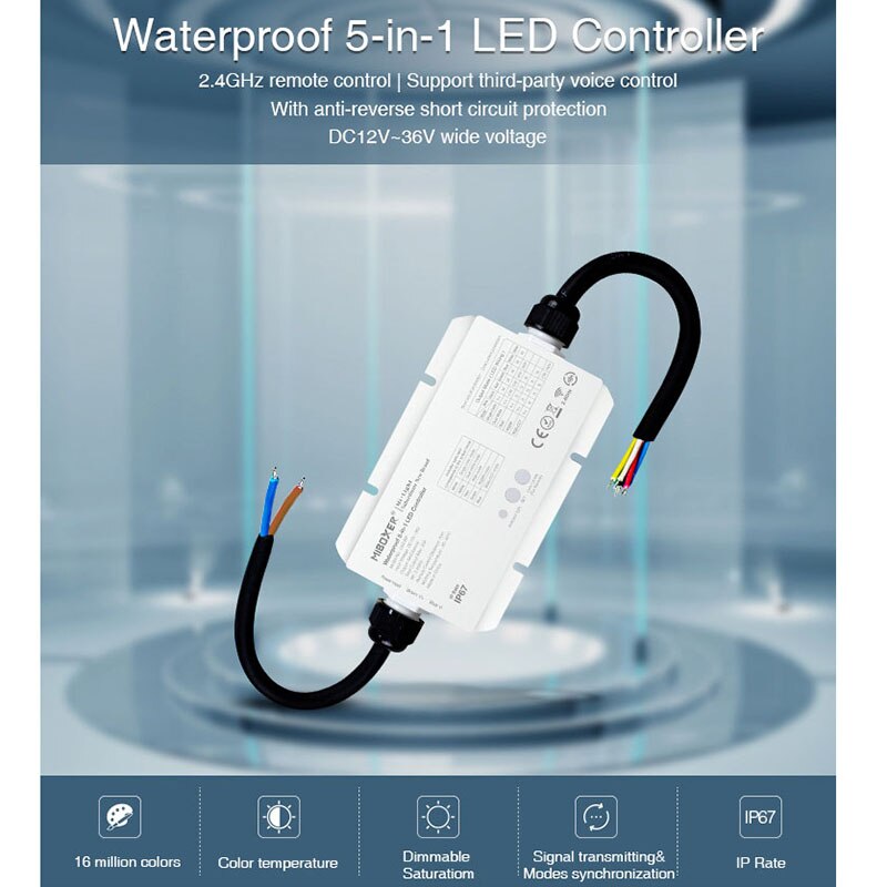 LS2-WP Waterproof 5 IN 1 smart led controller DC12V 24V 36V for single color /CT/RGB/RGBW/RGB+CCT led strip