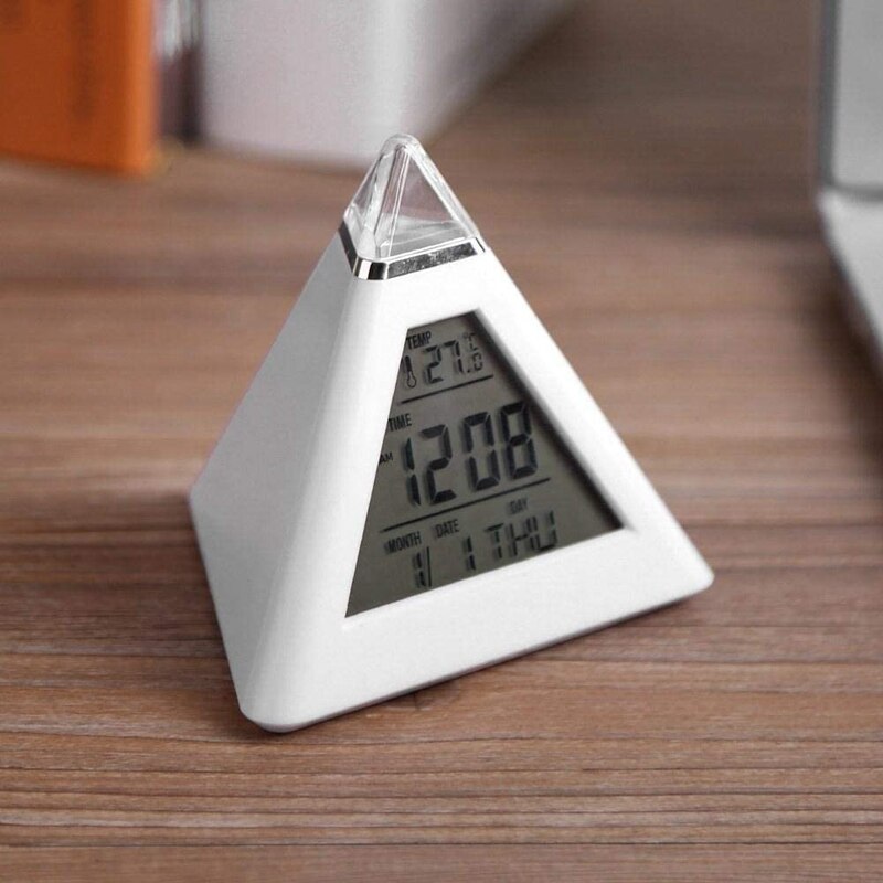 Digital Alarm Clock Small LCD Pyramid Alarm Clock 7 Color Changing Desktop Table Clock Thermometer with Snooze Function